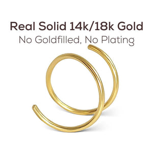 Double nose hoop: a pair of gold hoop earrings with a caption stating that they are real solid 14k/18k gold, without any fillings or plating.