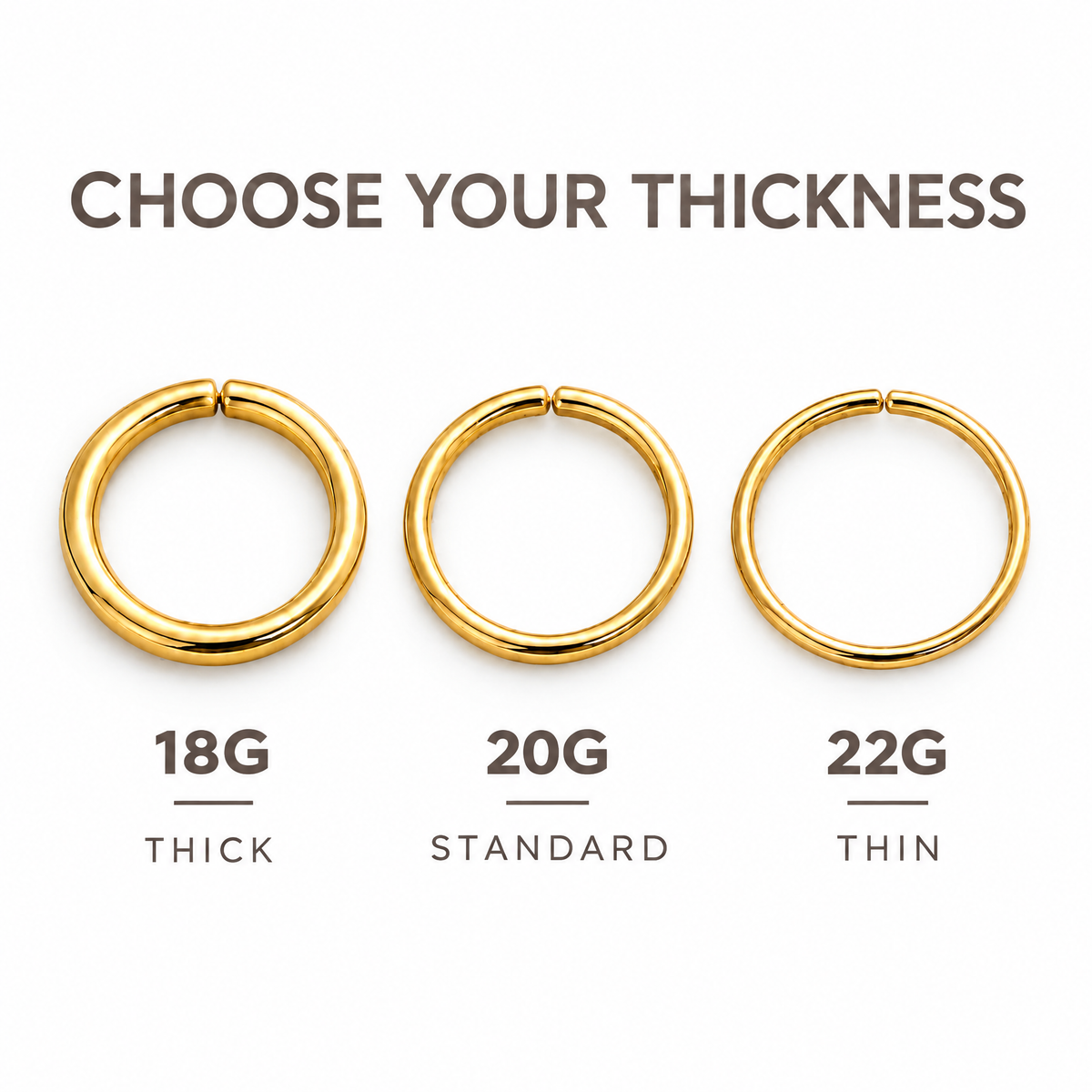 three gold-colored rings, each with a different thickness labeled as 18G, 20G, and 22G.
