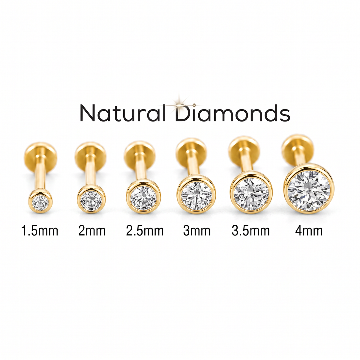 A collection of 14k gold diamond piercings, each with a different size ranging from 1.5mm to 4mm.