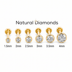 A collection of 14k gold diamond piercings, each with a different size ranging from 1.5mm to 4mm.