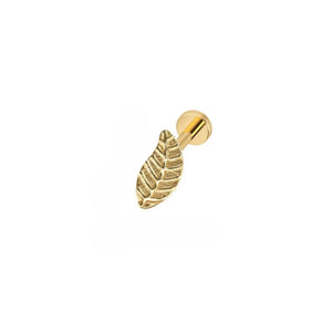 A gold leaf-shaped earring with a 7 mm (9/32 inch) length.