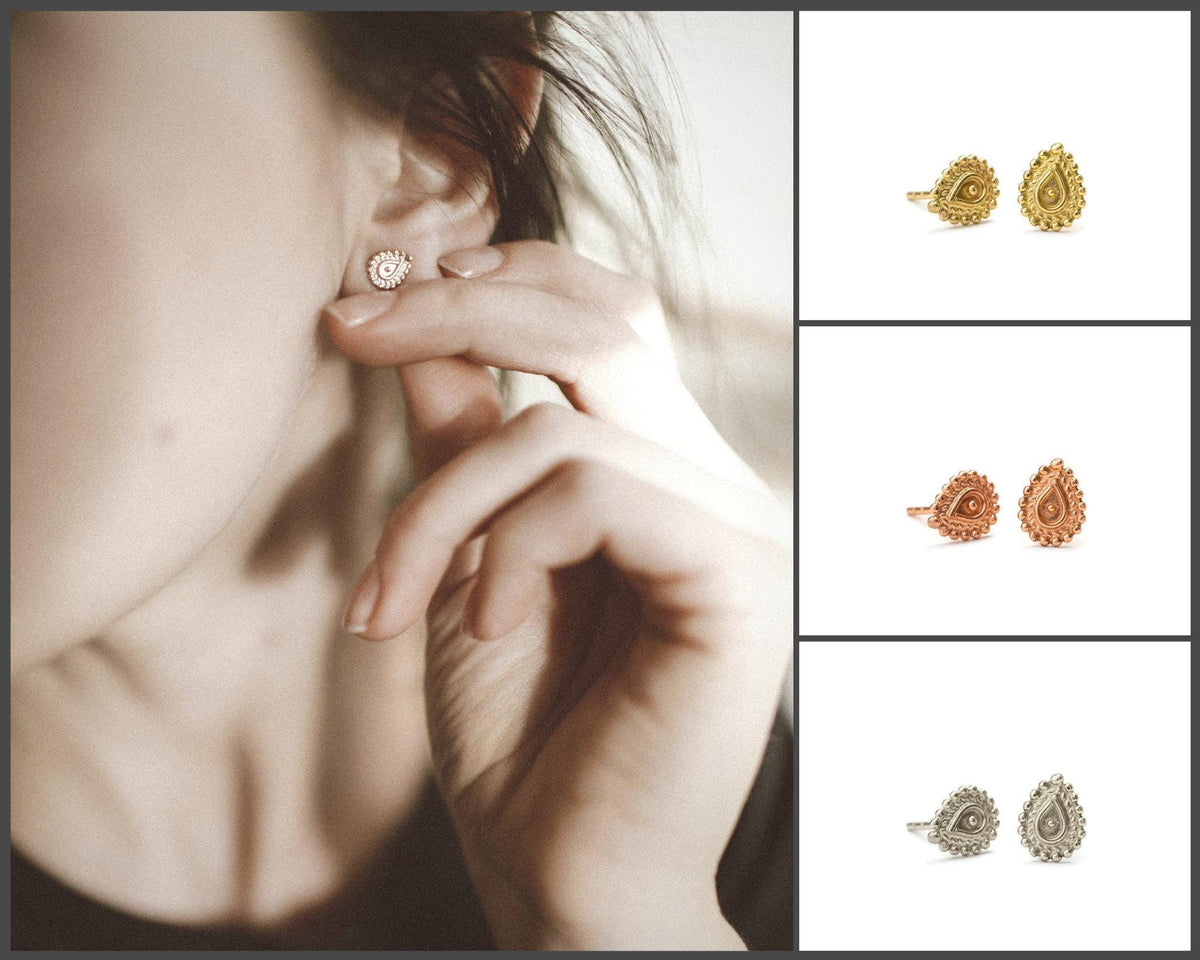 A collage of four images showing different earrings and jewelry pieces, including a close-up of a person's ear and a close-up of the earrings.