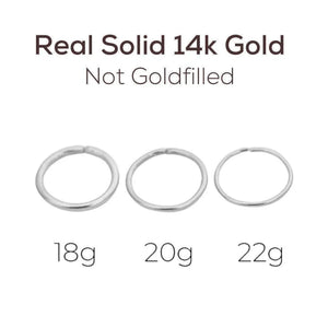 three different sizes of 18g, 20g, and 22g gold nose rings, indicating the size of each ring.