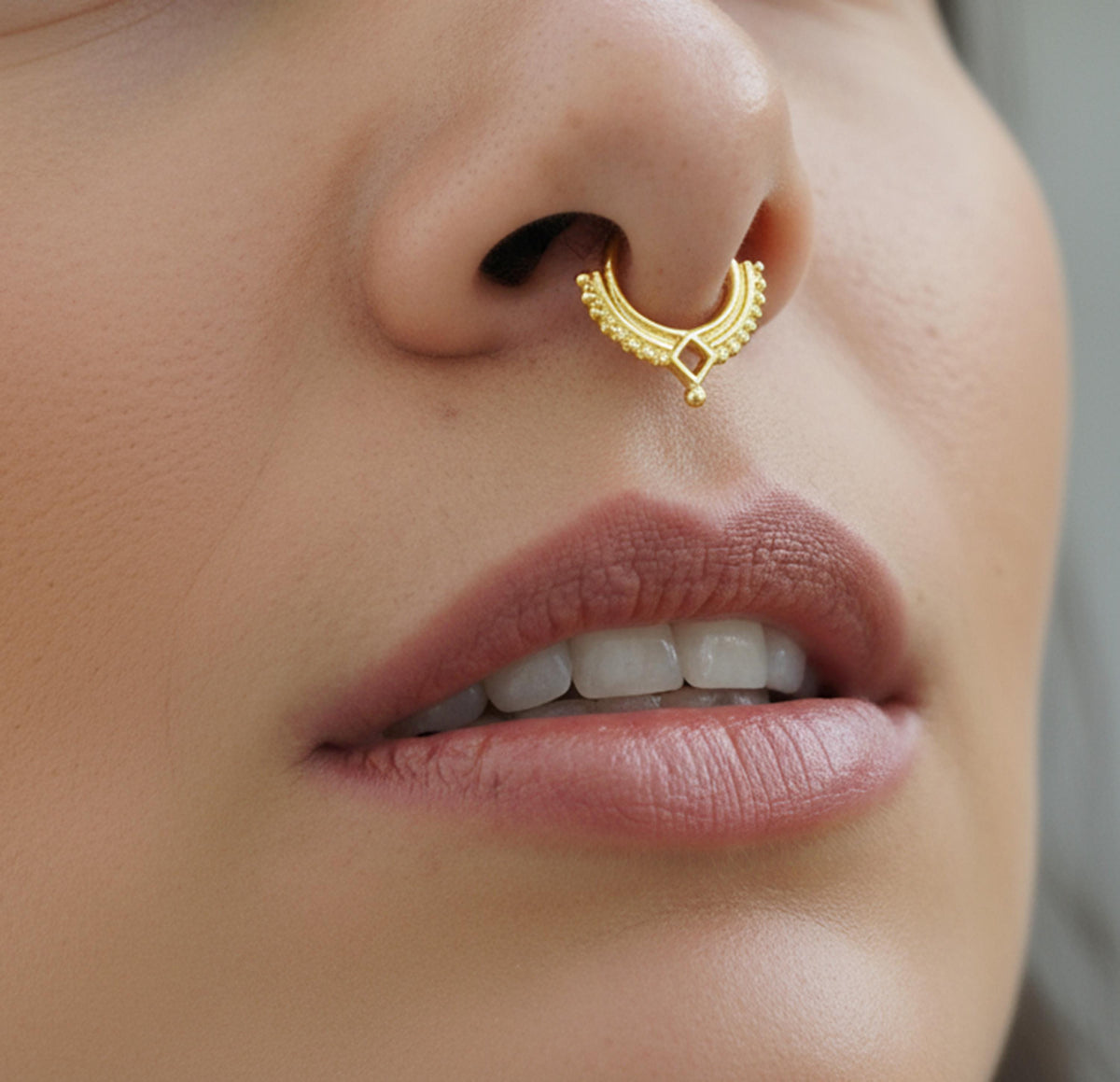 14k Gold Septum Ring - Beaded Tribal Hoop | Custom Gauge, Minimalist Piercing