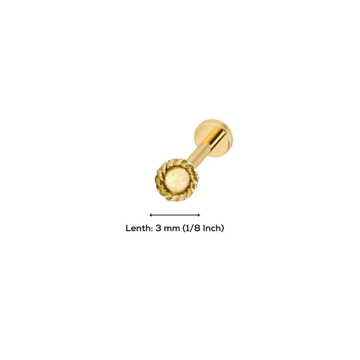 A gold-colored metal piercing, possibly a nose or earring, with a small, intricate design on the center. The image provides the dimensions of the piercing, stating that it is 3 millimeters (1/8 inch) in length.