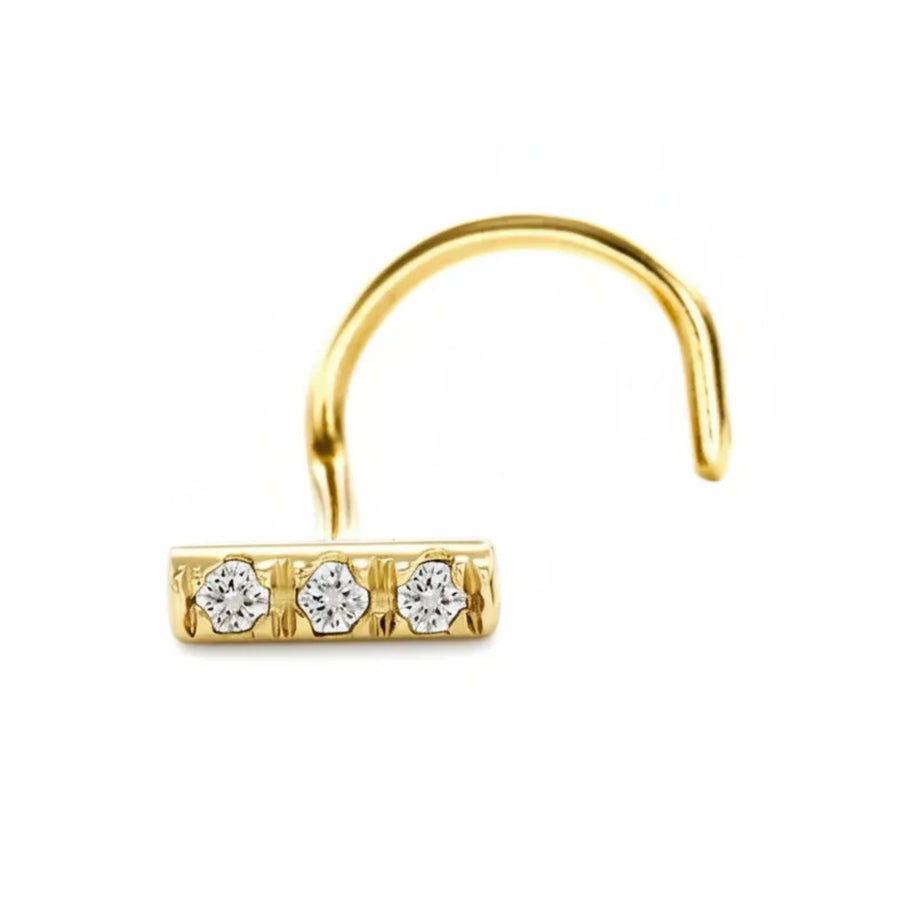 Diamond Bar Nose Stud – 14k Gold Minimalist Nose Jewelry with 3 Conflict-Free Diamonds