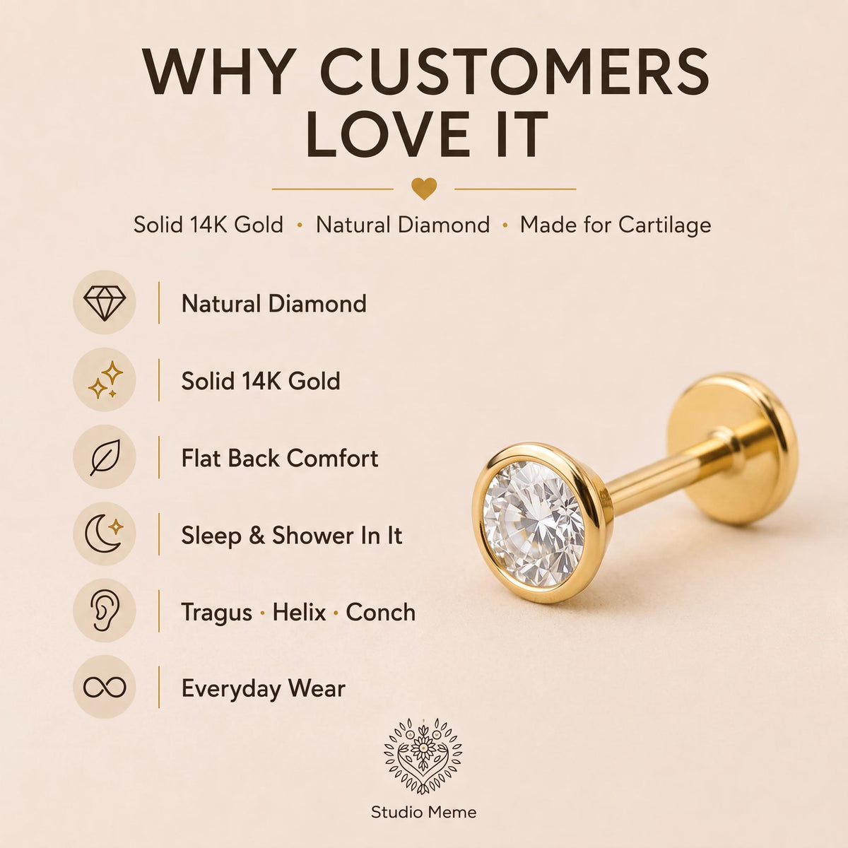 The image is an advertisement for a 14K gold earring, highlighting its features and benefits.