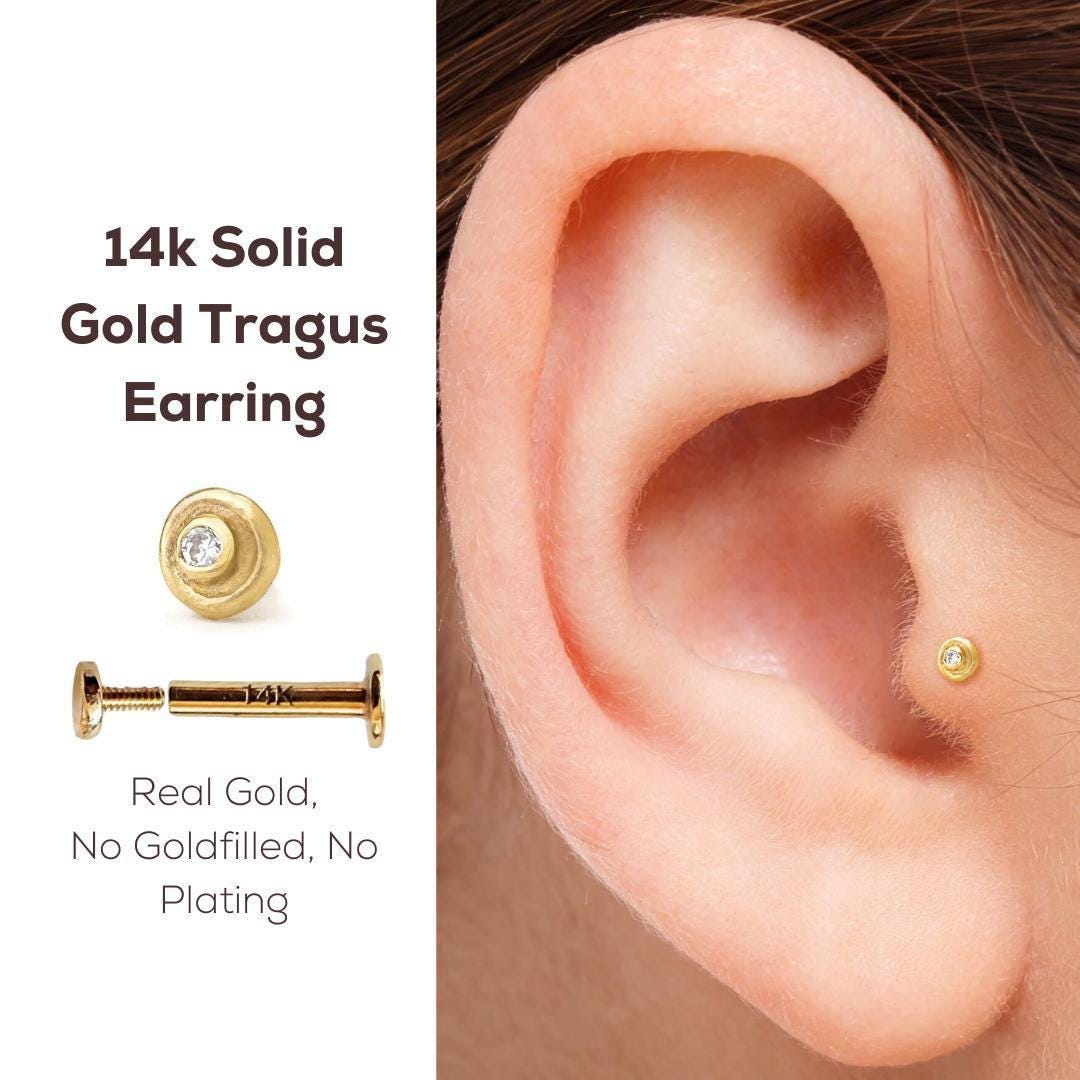 a close-up of a person's ear with a 14k gold tragus earring inserted, and a smaller gold earring next to it.