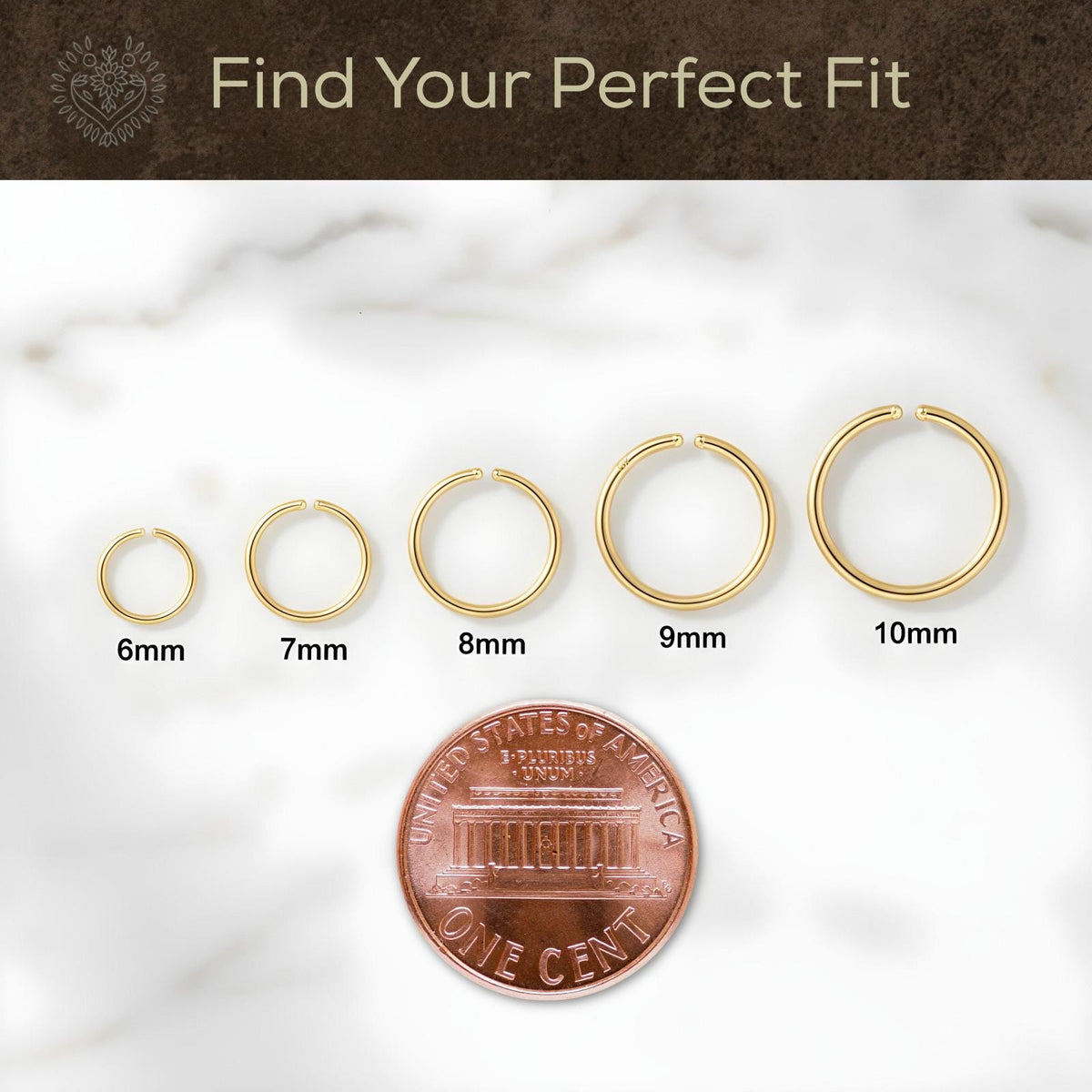 a series of gold-colored rings of different sizes, ranging from 6mm to 10mm, arranged in a descending order. A penny is placed in front of the rings to visually represent the size comparison.