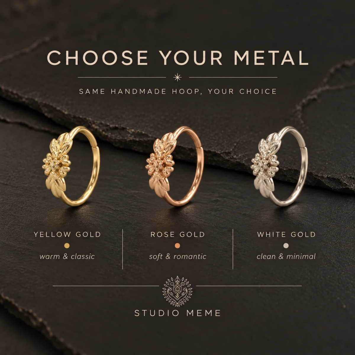three rings with different colored metal, each with a unique design, arranged on a dark surface.