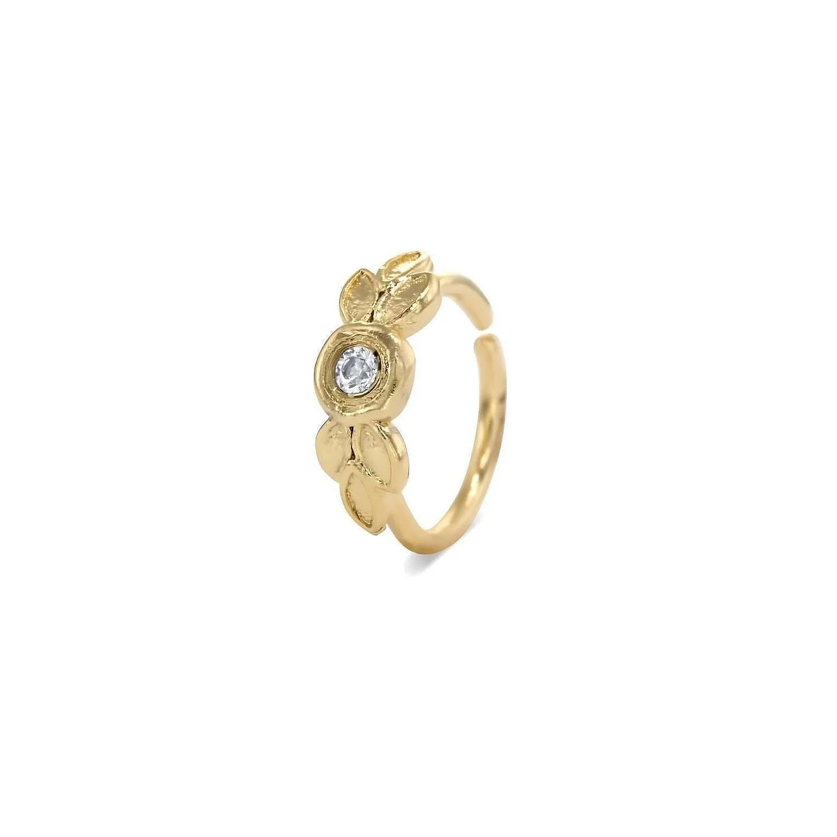 Diamond Nose Ring Hoop: A gold ring with a leaf-shaped design and a small diamond in the center.
