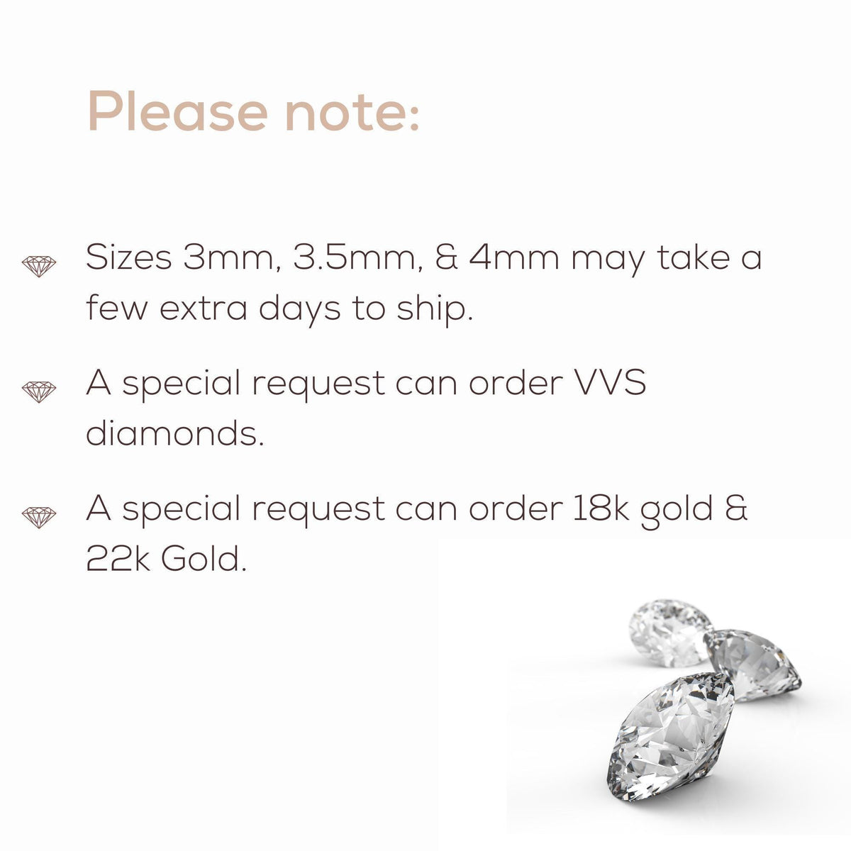 a list of sizes and special requests for diamonds, along with a few diamonds displayed.