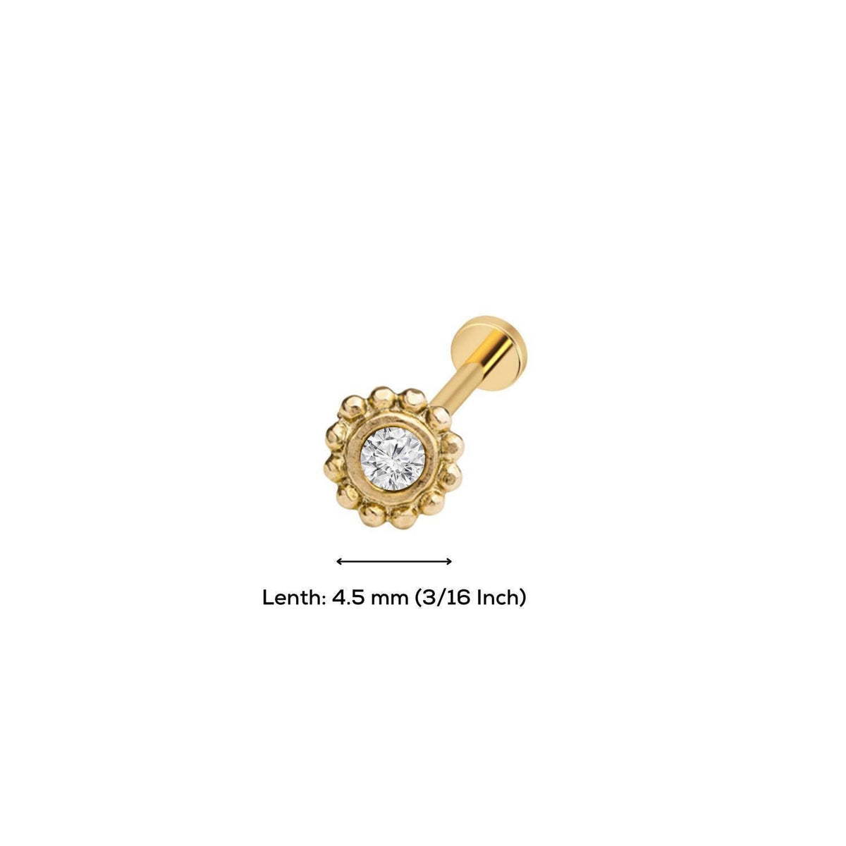 A gold-colored nose stud with a diamond at the center, accompanied by a measurement indicating its length.