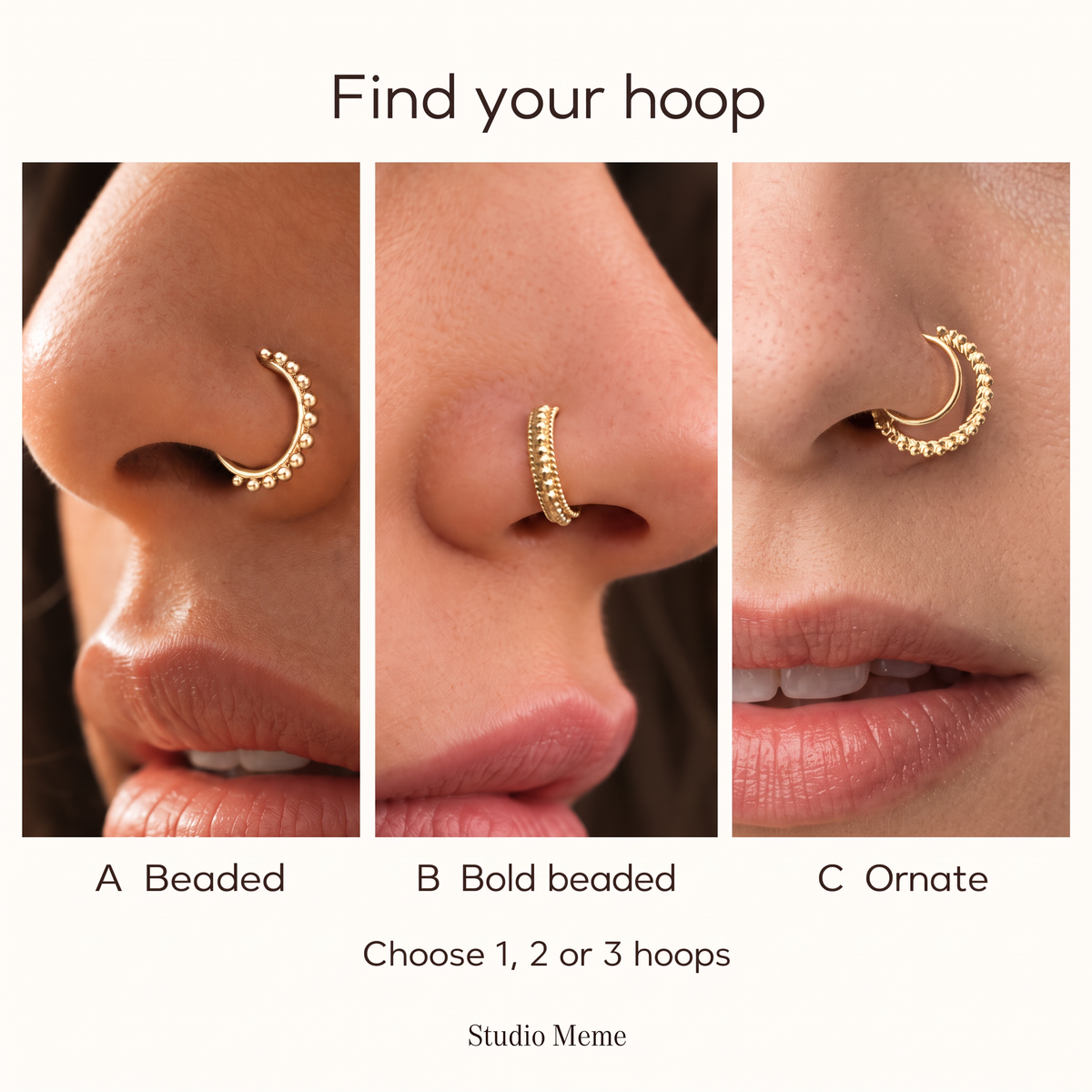 The image is a collage of three close-up photos of a person's nose with different types of nose rings, accompanied by text providing information about the nose ring options.