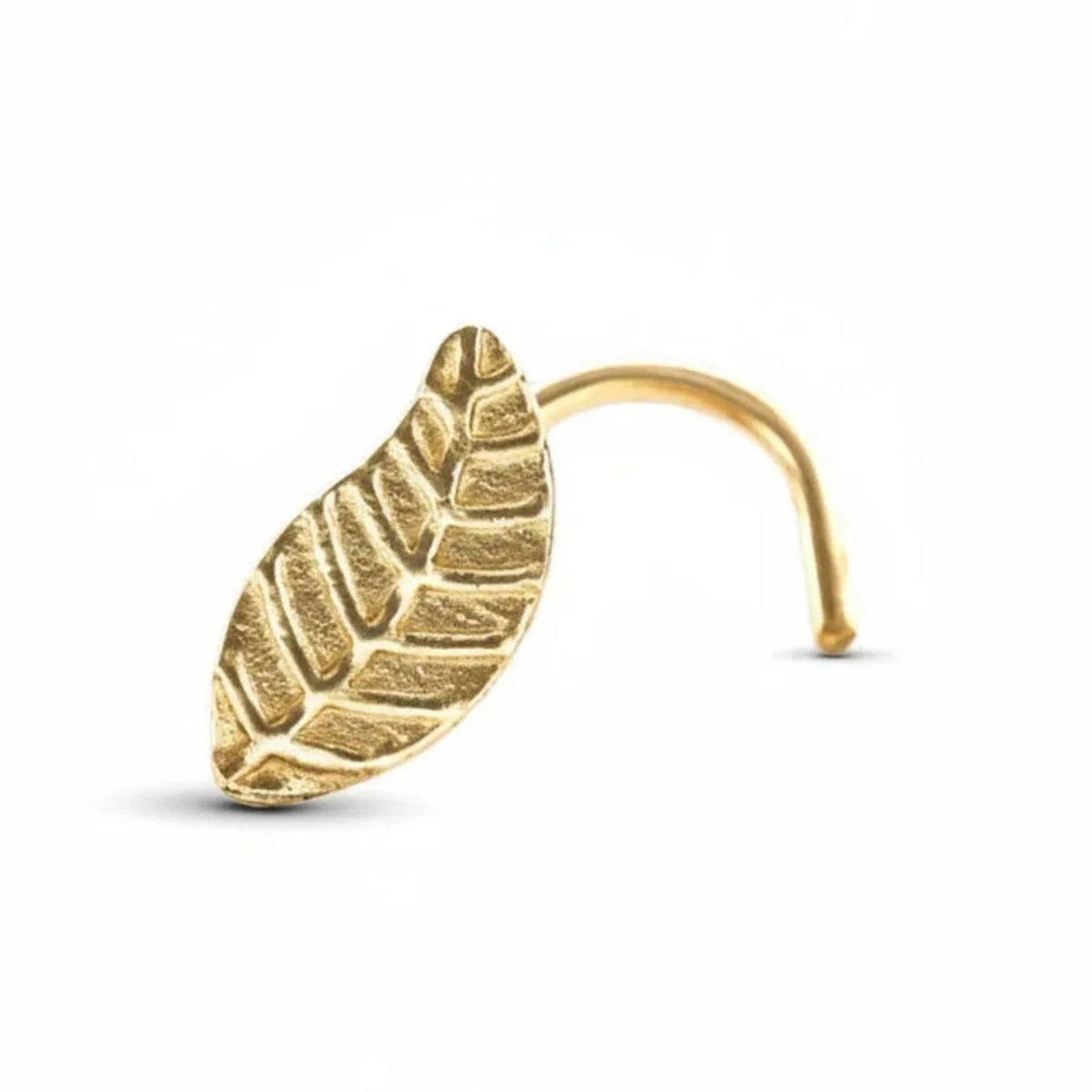 Leaf Nose Stud: A gold-colored leaf-shaped earring is shown against a white background.