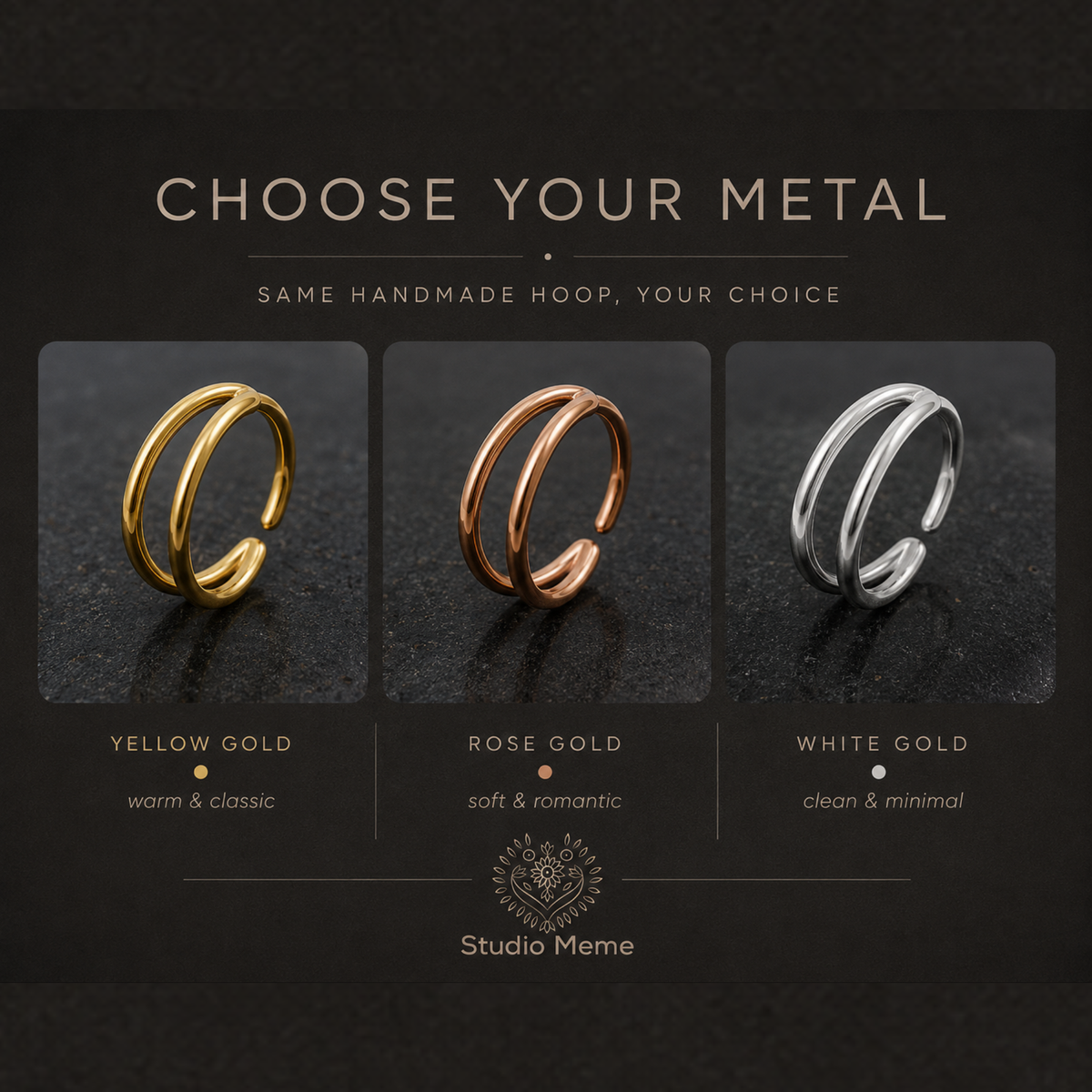 three different types of metal hoop earrings, each with a unique color and design, against a dark background.