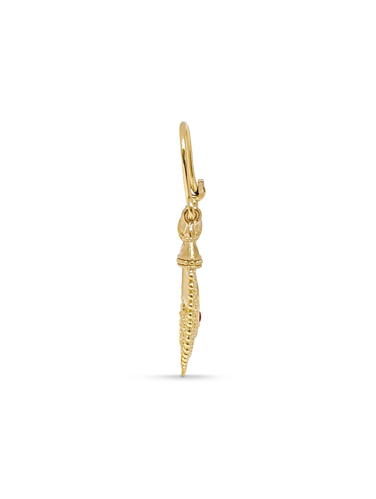 A gold-colored charm or pendant with a decorative design, possibly a symbol or emblem, attached to a hook or loop.