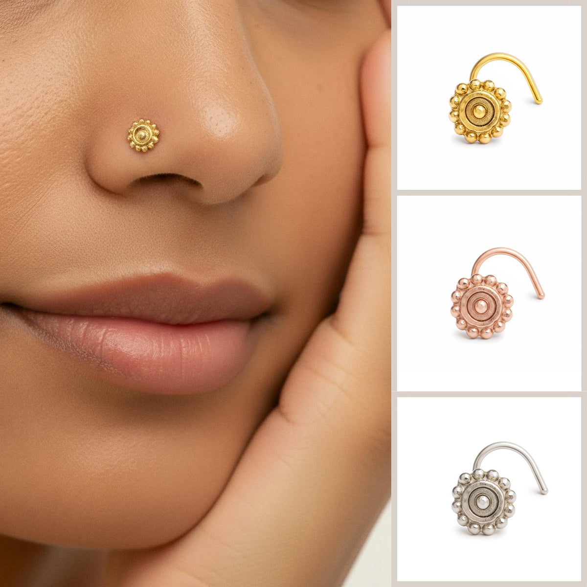 A close-up of a person's face, focusing on their nose and cheek area. There are four different nose and earring designs displayed in the image, including a gold nose ring, a gold earring, a gold nose ring, and a gold earring.
