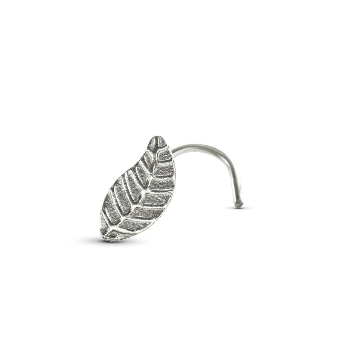 A silver-colored leaf-shaped nose ring is shown against a white background.