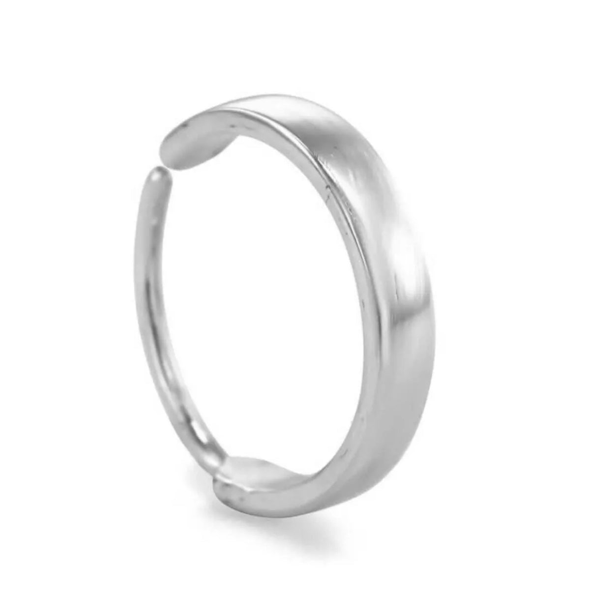 A silver ring with a curved band is shown against a white background.