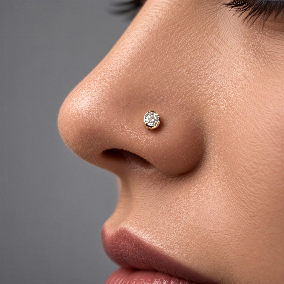 A close-up of a person's nose with a small gold nose stud featuring a diamond in the center.