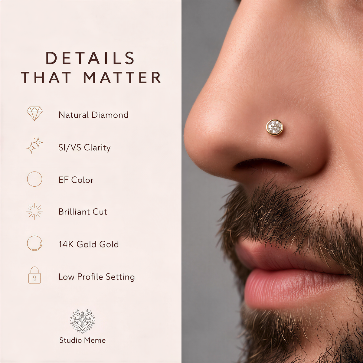 The image is a close-up of a man's nose with a nose stud, accompanied by a list of details that matter about the nose stud.