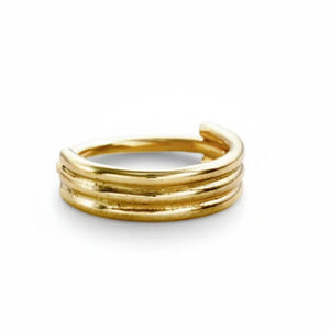 A gold ring with three concentric bands is shown against a light gray background.