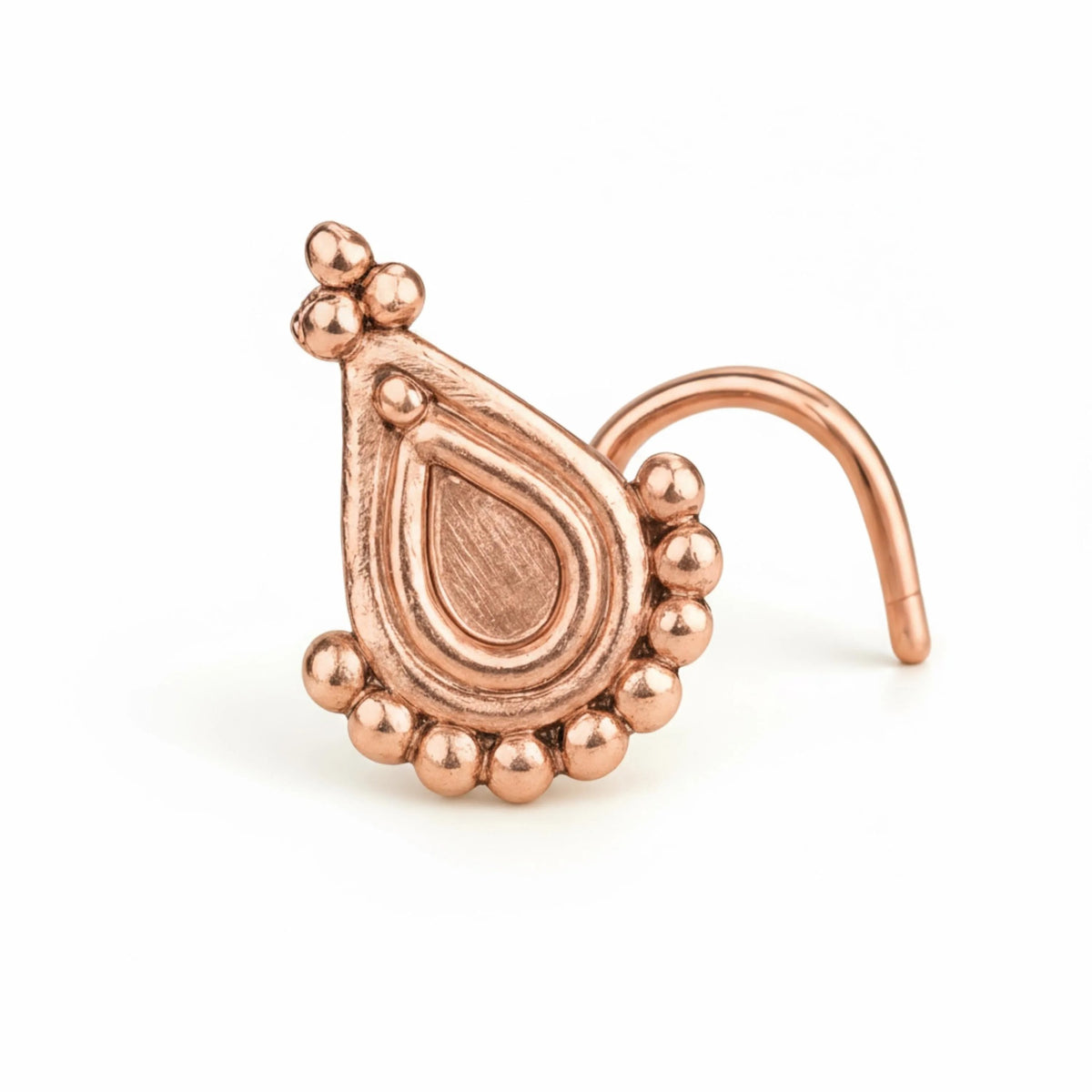 Rose Gold Indian Design: A copper-colored nose ring with a decorative element on top.
