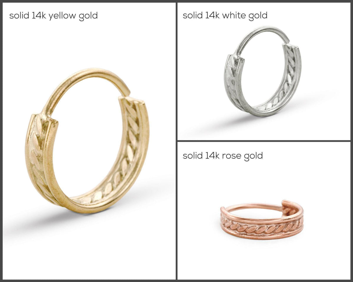 The image is a collage of three images showing different types of gold earrings, including a 14k yellow gold ring, a 14k white gold ring, and a 14k rose gold ring.