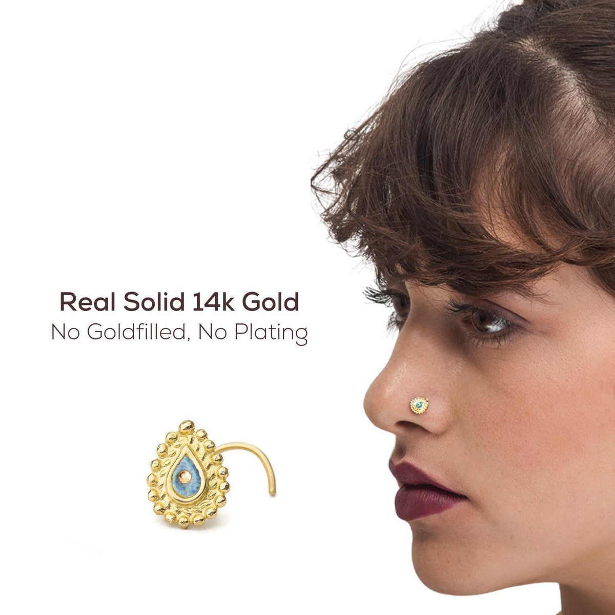 Gold Nose Stud: a close-up of a woman's face, with a gold nose ring prominently displayed next to her.