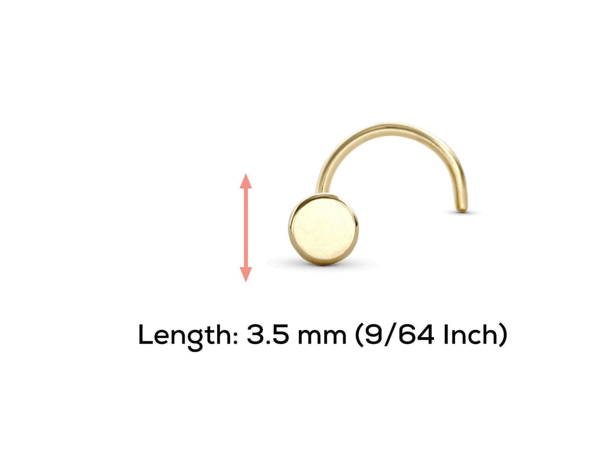 a gold-colored nose piercing with a small circular piece attached to it. The image also provides the length of the piercing in millimeters, which is 3.5 mm (9/64 inch).