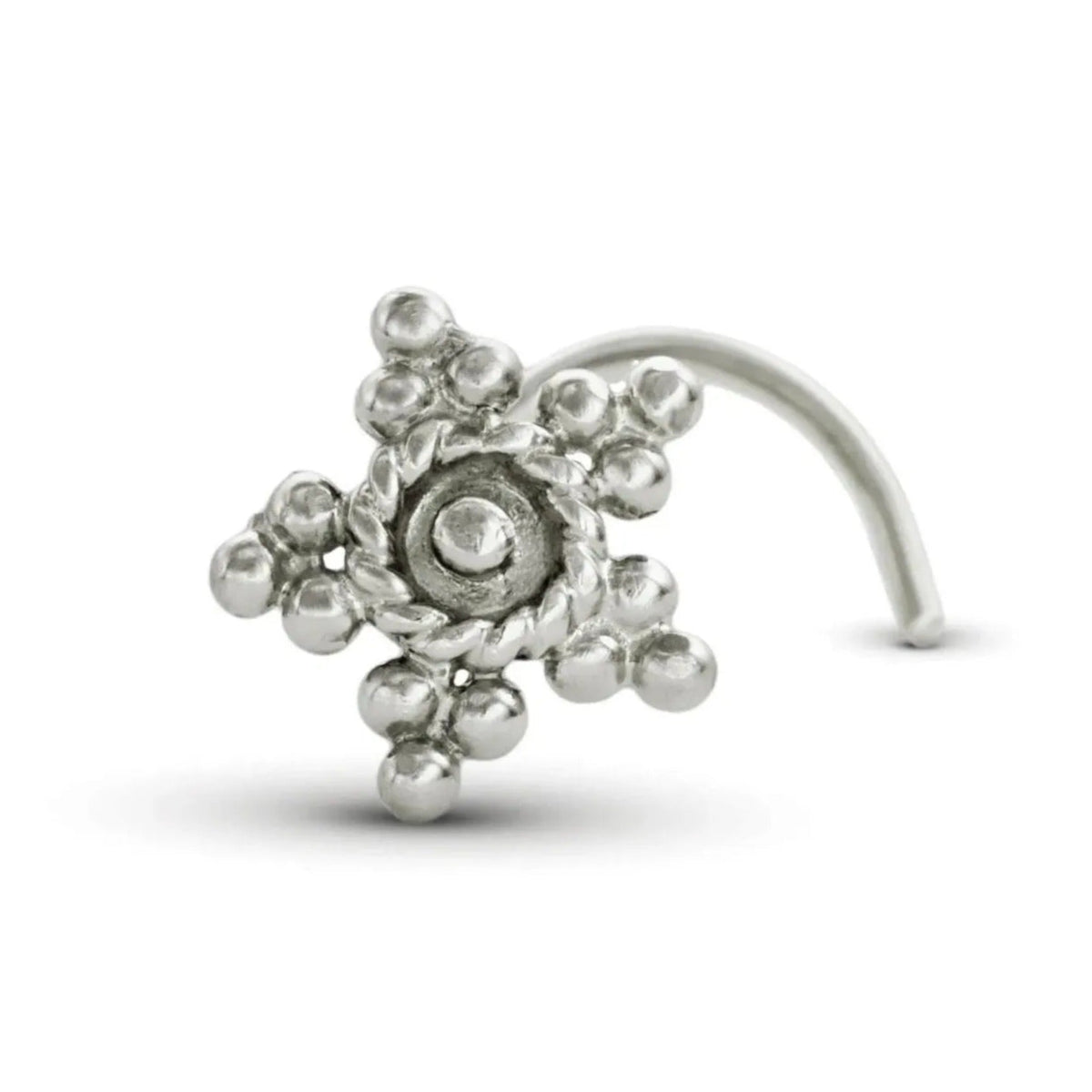 A silver-colored metal nose ring with a star-shaped design and small beads or stones.