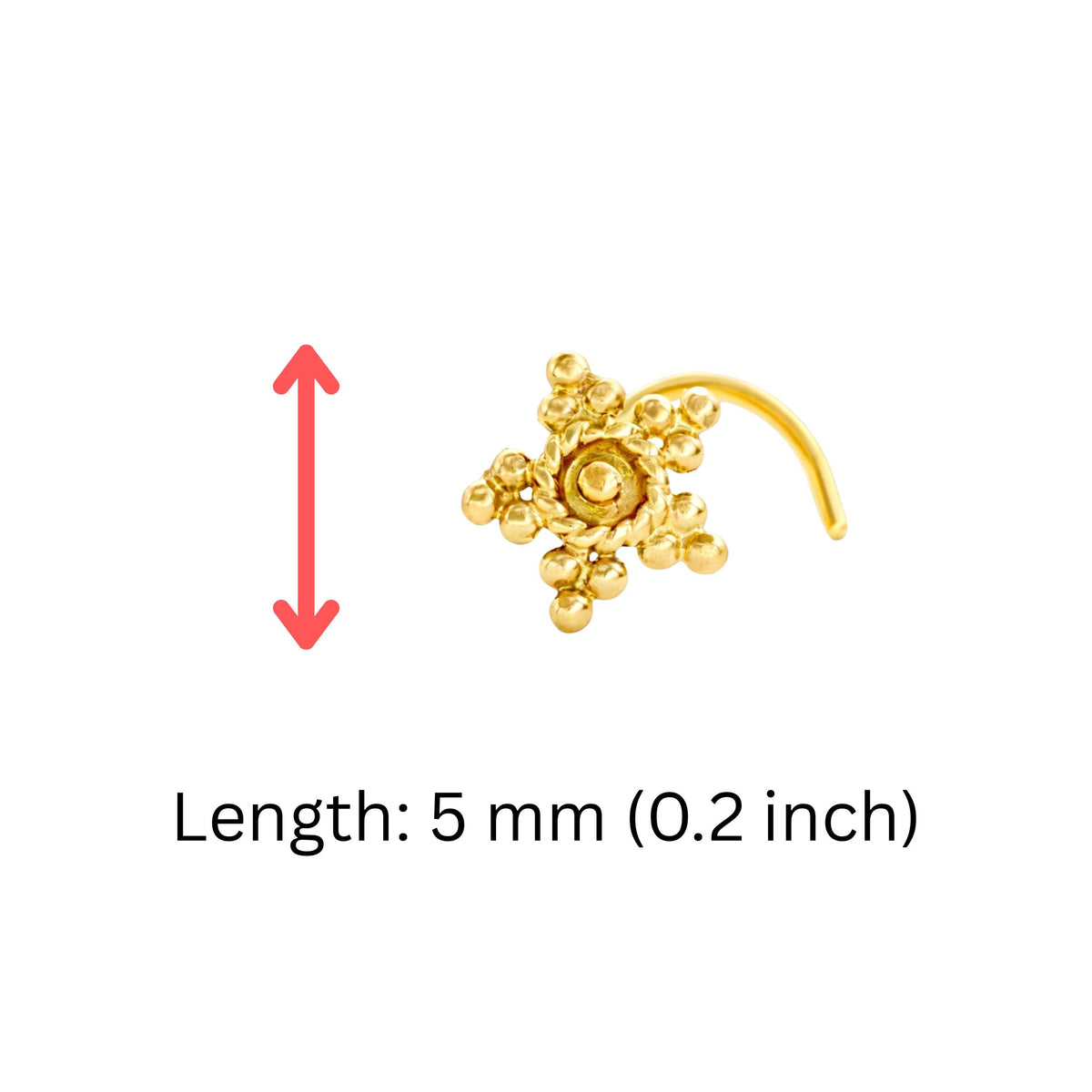 a gold-colored nose stud with a red arrow pointing to it, indicating the length of the nose stud is 5 millimeters (0.2 inches).