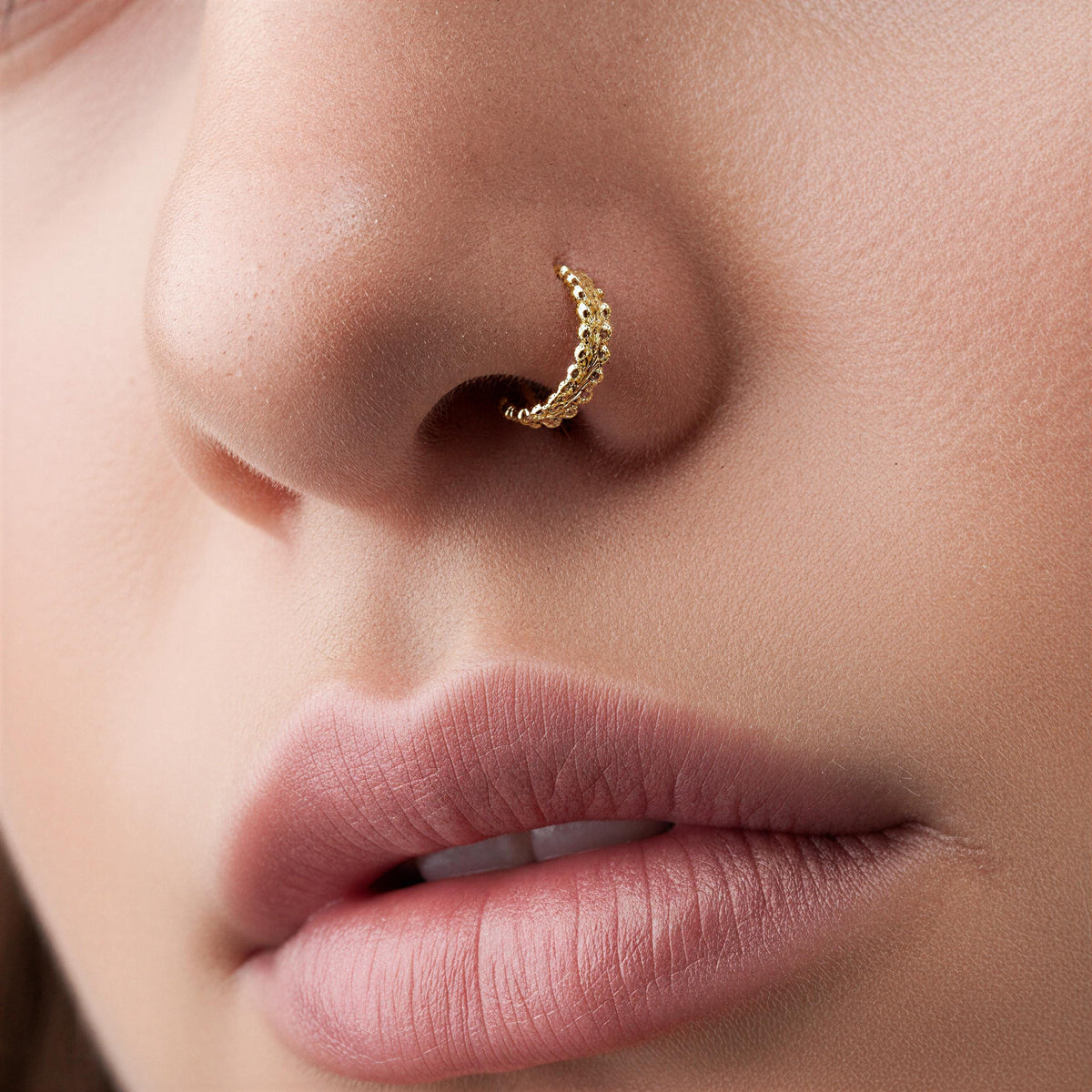 14k Gold Nose Ring – Solid Wide Hoop, Textured Handmade, Nickel Free