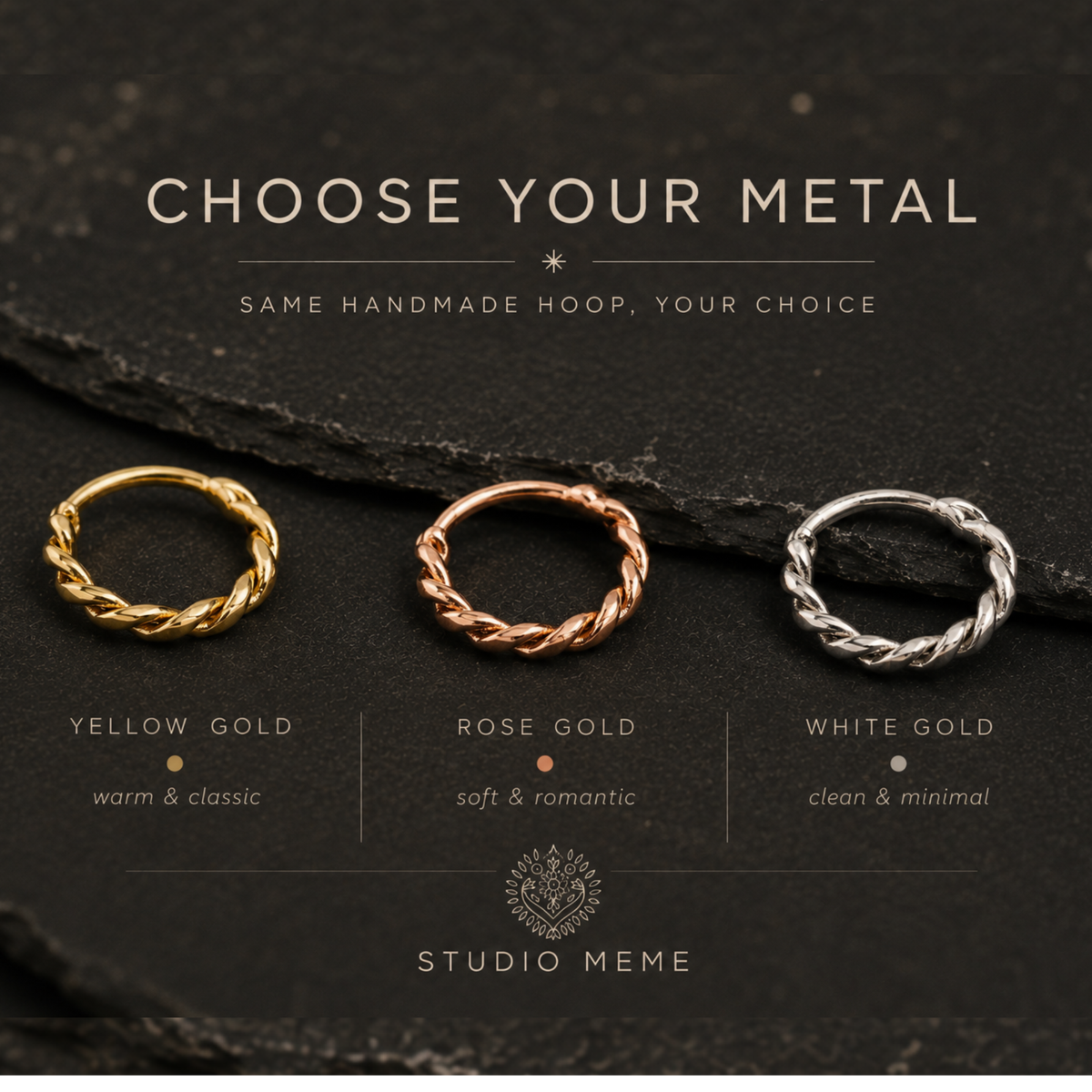 three different types of metal hoop earrings, each with a unique color and style, arranged on a dark background.