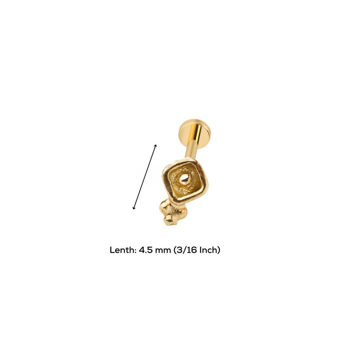 A gold-colored metal object, possibly a key or a lock, with a keyhole and a small circular object on top. The object is shown against a white background, and there is a measurement line indicating the length of the object.