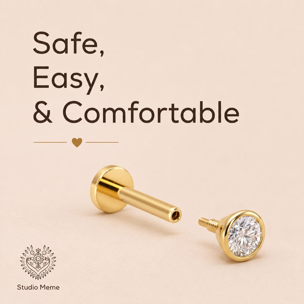 a gold-colored earring with a clear gemstone, accompanied by the text "Safe, Easy, & Comfortable" and a heart symbol.