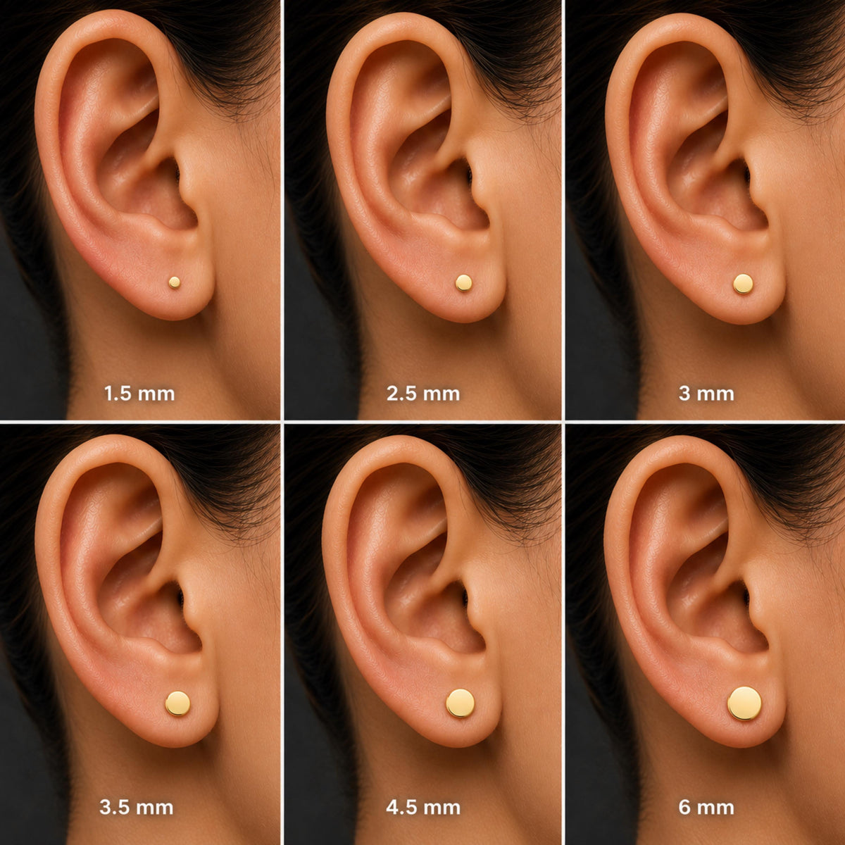 The image is a collage of six images showing the size of gold earrings in millimeters.