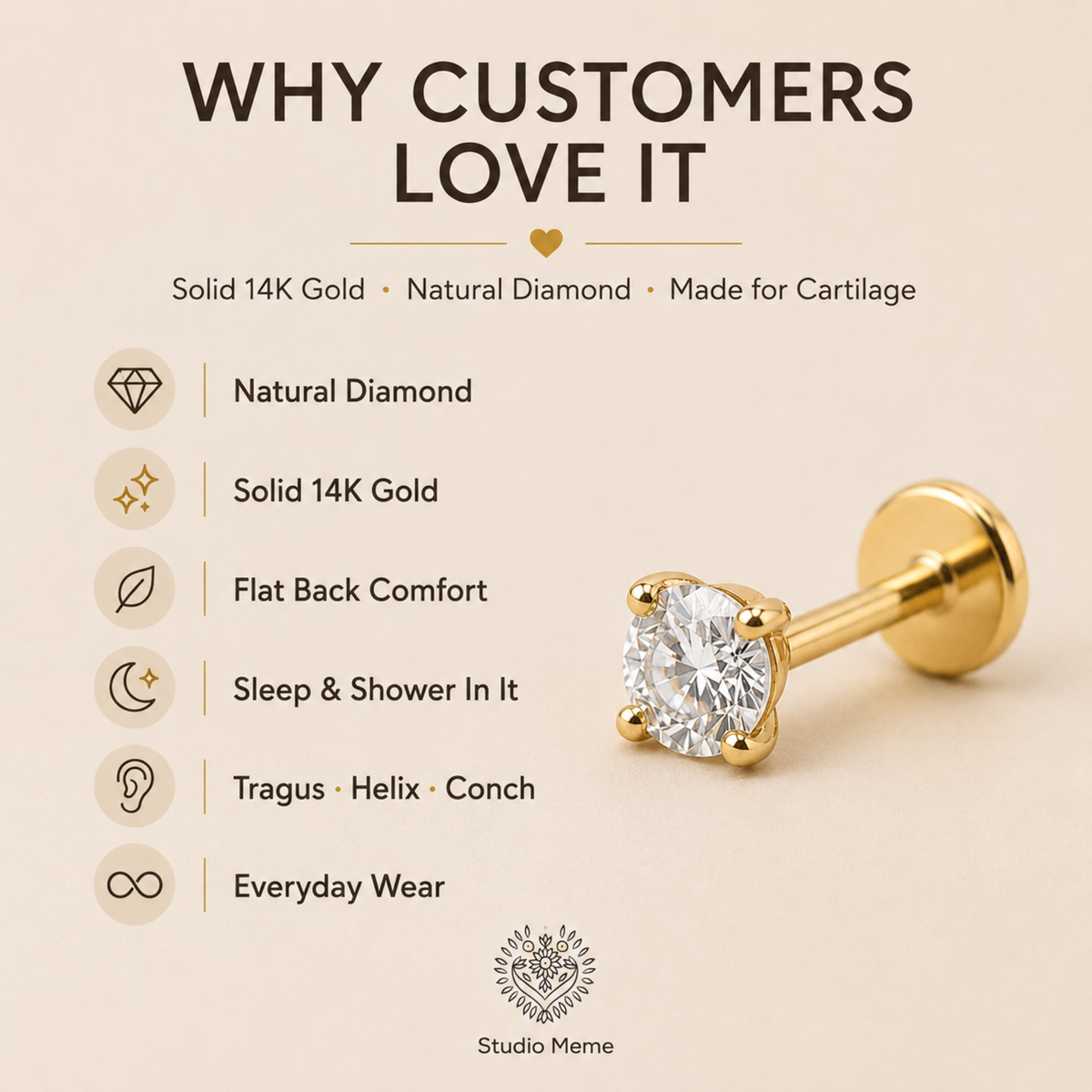 The image is an advertisement for a 14K gold diamond stud earring, highlighting its features and benefits.