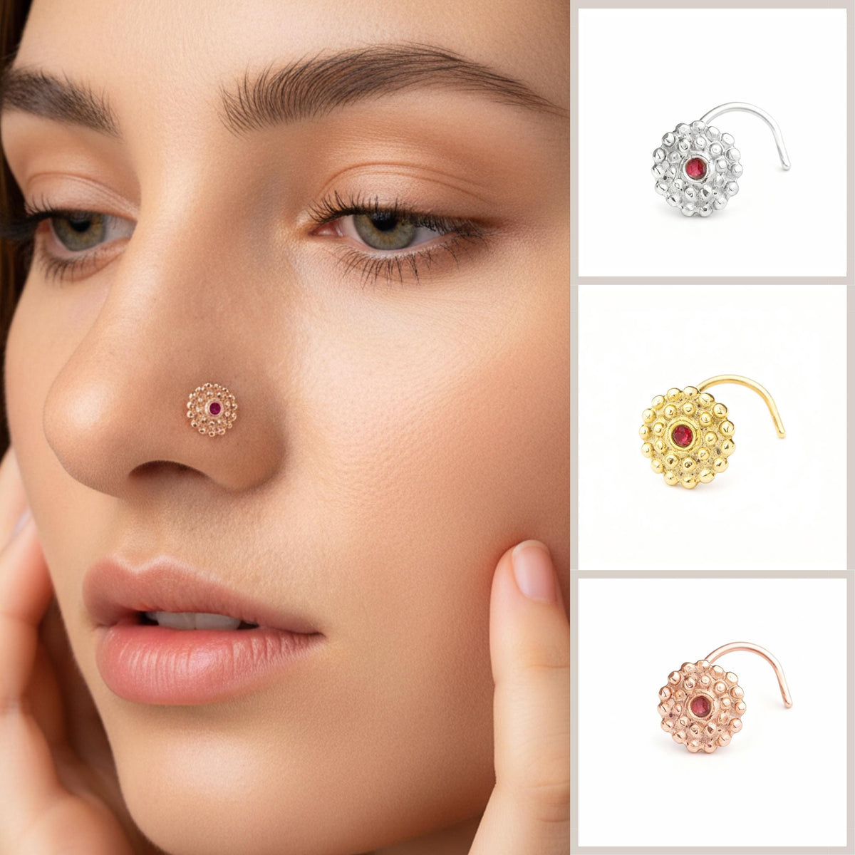 A close-up of a woman's face, focusing on her nose and fingers, with three different nose and finger jewelry pieces displayed in the collage.