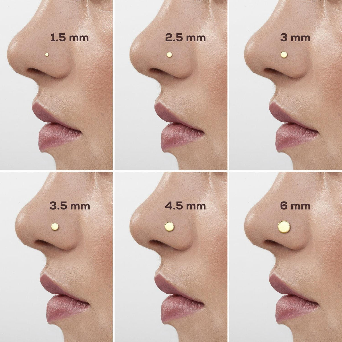 The image is a collage of six images showing the size of a person's nose at different measurements, ranging from 1.5 millimeters to 3.5 millimeters.