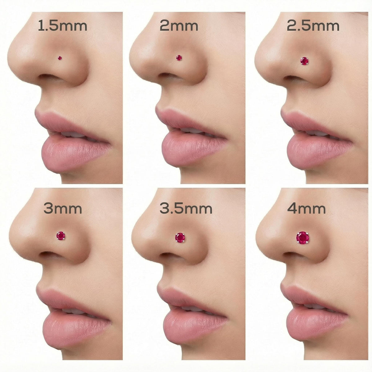 The image is a collage of six images showing different sizes of nose piercings, ranging from 1.5mm to 4mm. Each image displays a person's nose with a red gemstone piercing, and the size of the piercing is indicated in millimeters.