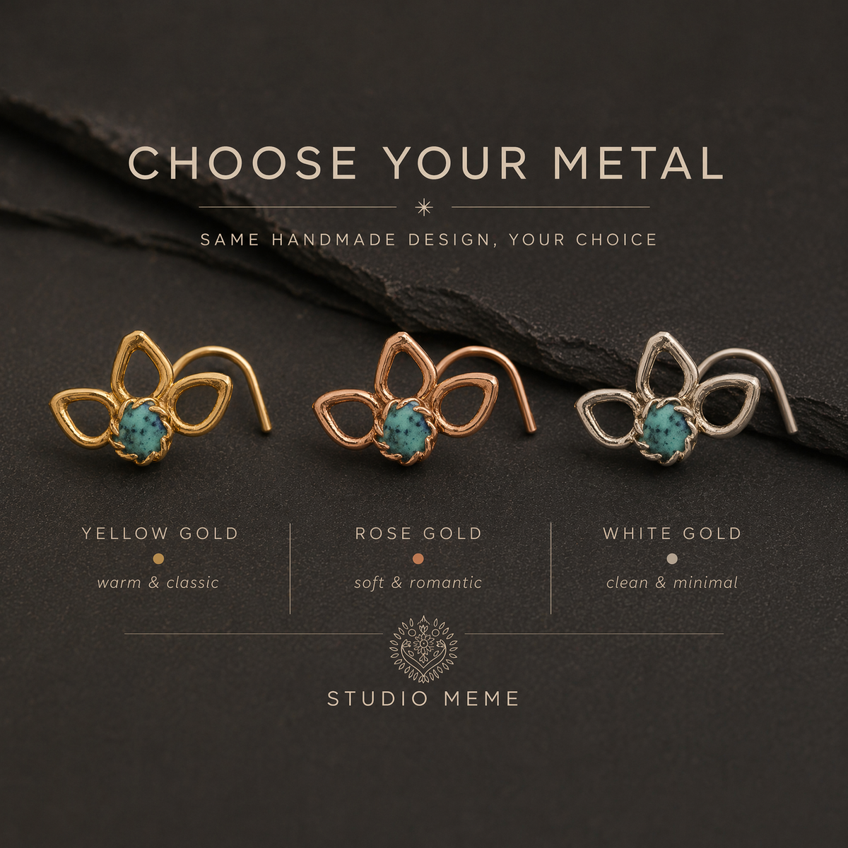 three different types of metal nose piercings, each with a unique design and color, accompanied by text that provides information about the piercings.