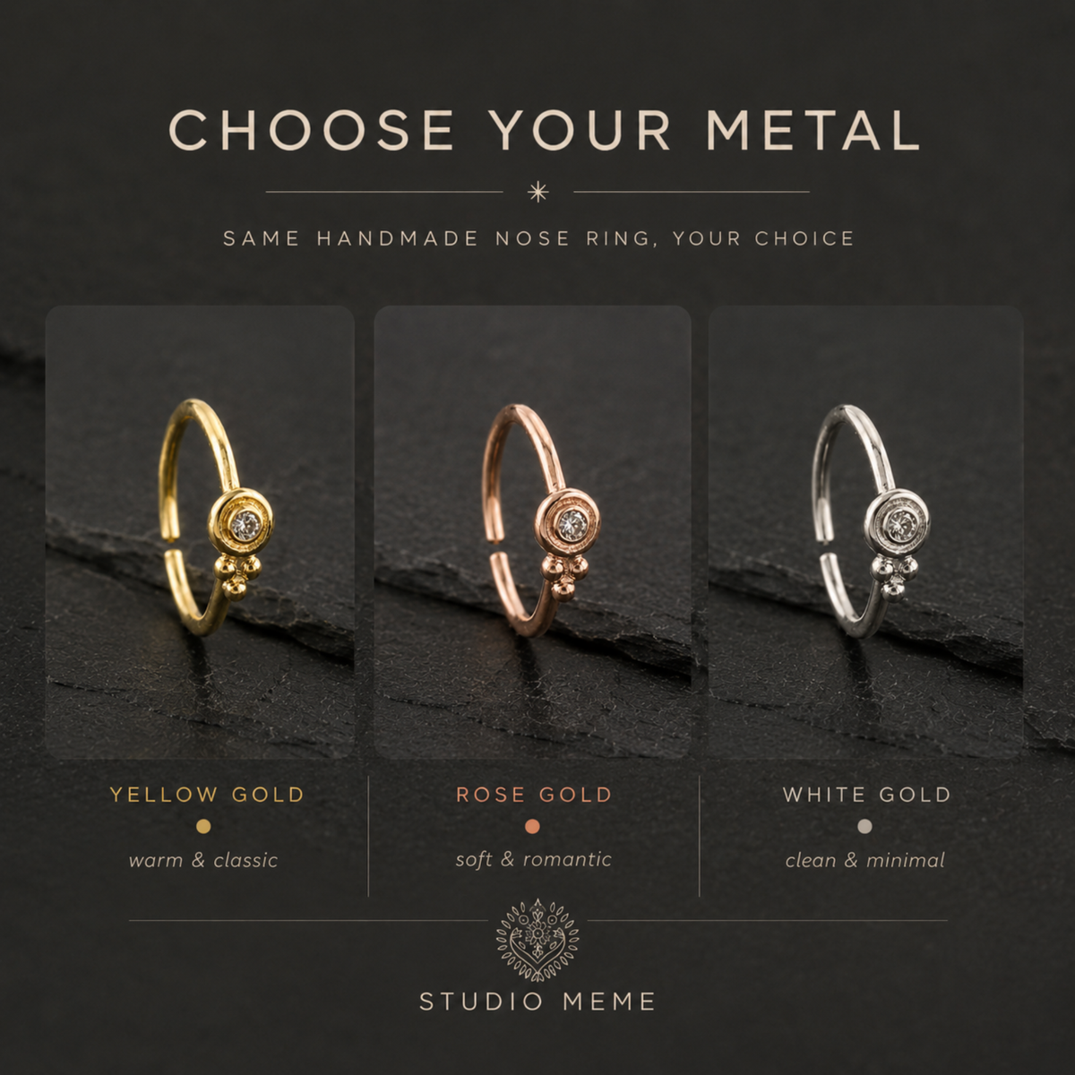 The image is a promotional graphic for a jewelry store, showcasing three different nose rings with varying designs and colors.