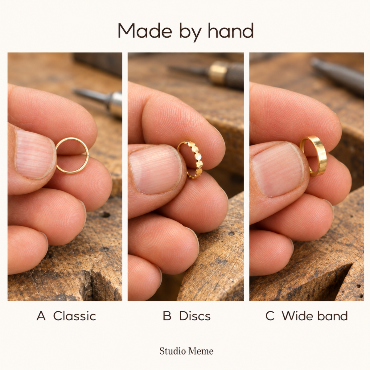 The image is a collage of three photos showing different types of rings being held by hands, with text labels indicating the types of rings.