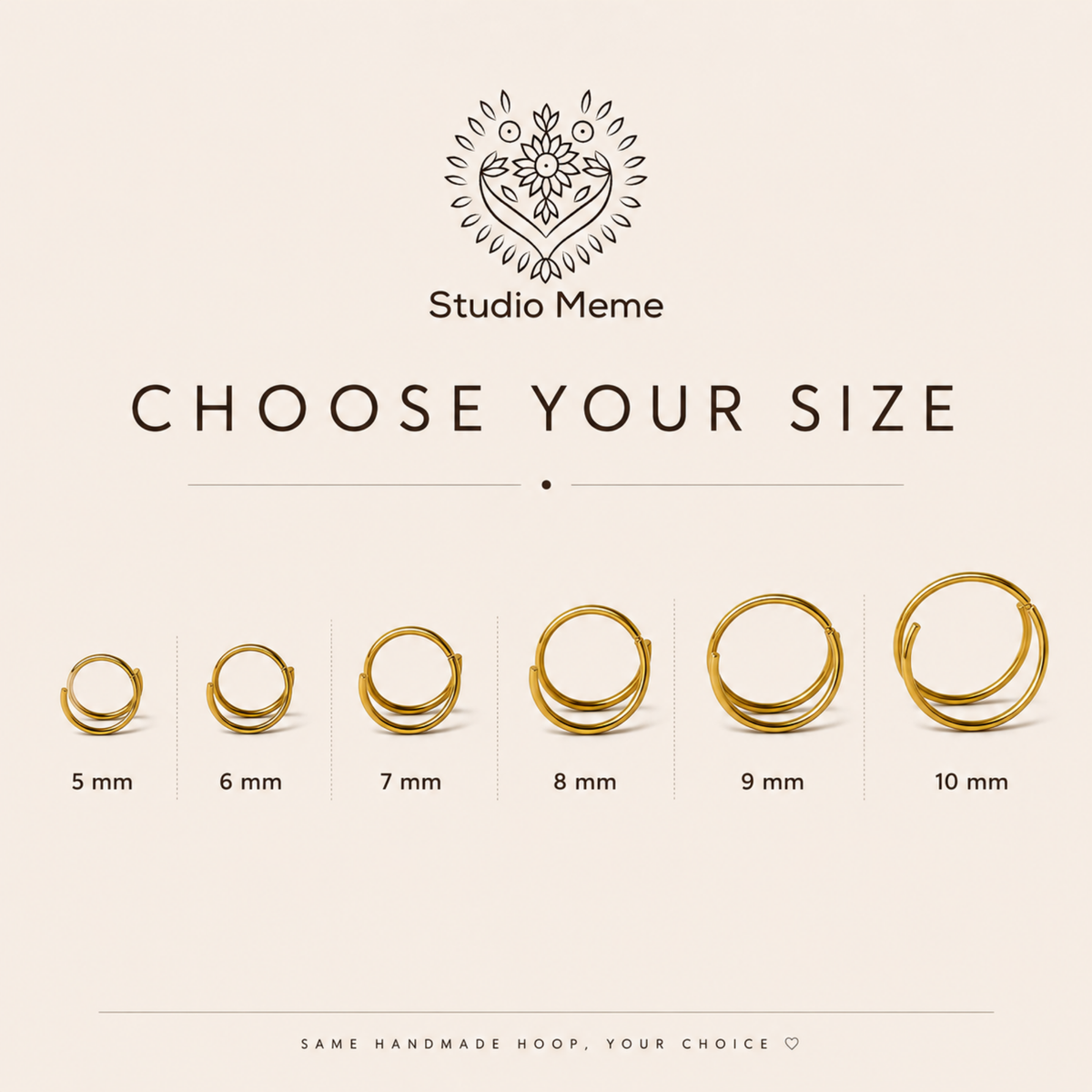 a series of gold hoop earrings in various sizes, ranging from 5 mm to 10 mm, with the text "Choose Your Size" above the hoop sizes.