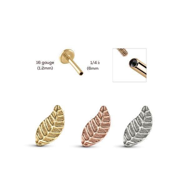 three different leaf-shaped earring designs, each with varying sizes and colors. The earrings are labeled with their respective measurements, including a 16-gauss (1/4 inch) and a 6-gauss (1/2 inch) size.