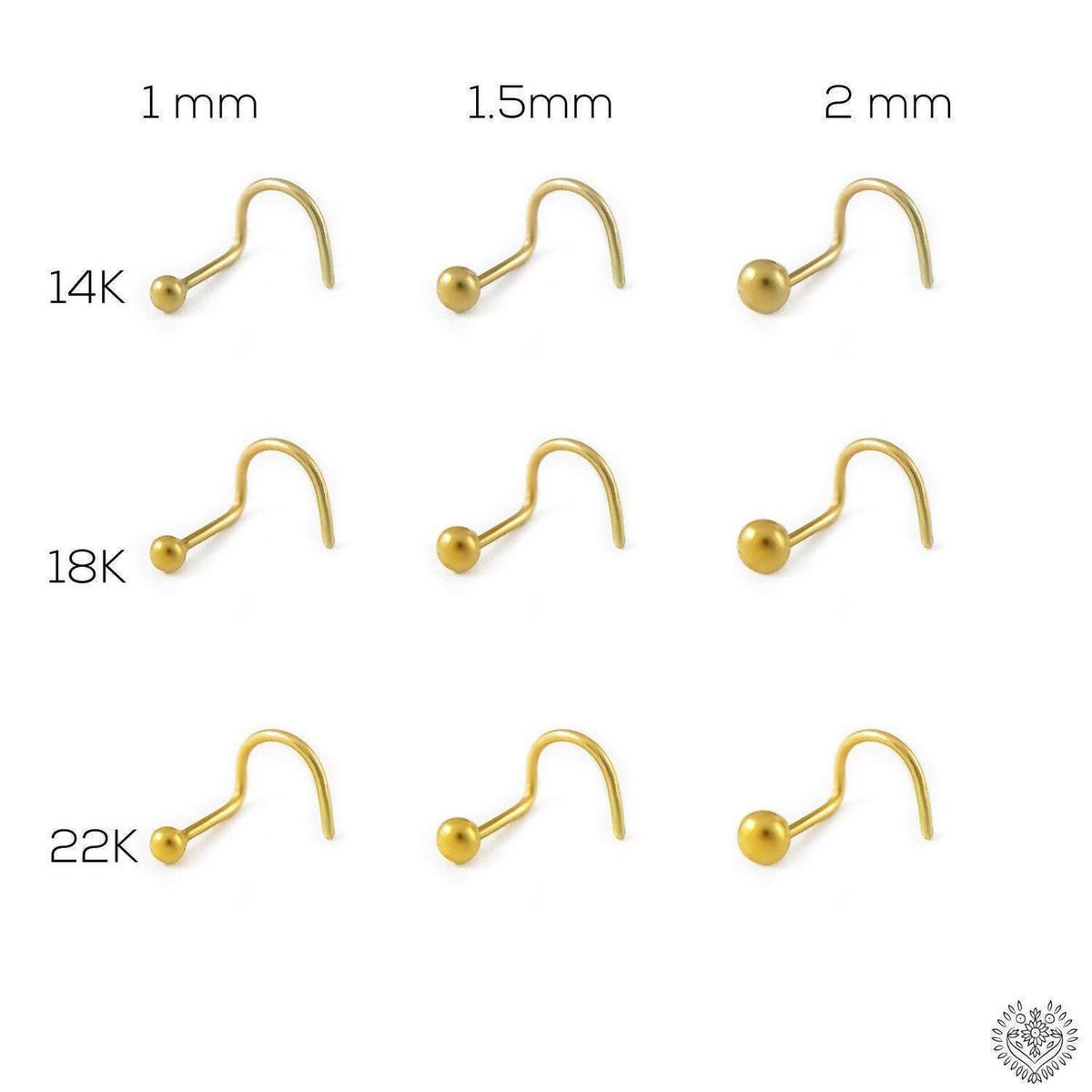 various sizes of gold-colored nose studs, ranging from 1mm to 2mm in diameter, with the sizes labeled from 1mm to 2mm.