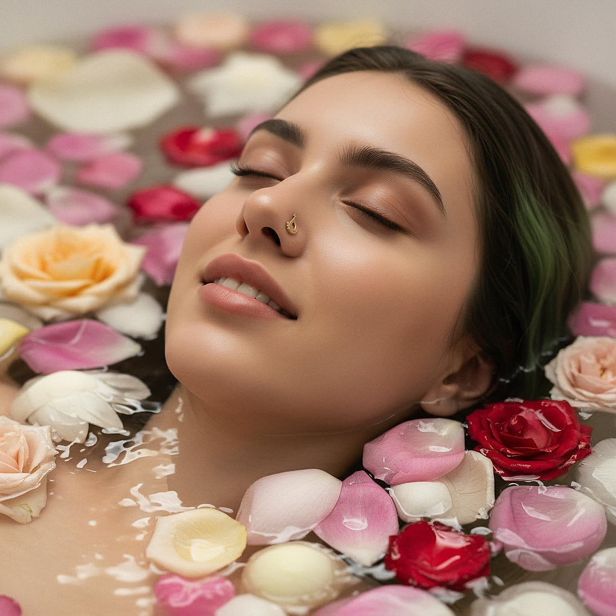 A woman is lying in a bathtub filled with pink and white rose petals, surrounded by a variety of colorful flowers.