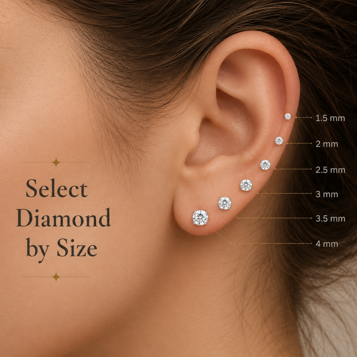 a close-up of a person's ear with diamond earrings, each earring labeled with its size in millimeters.